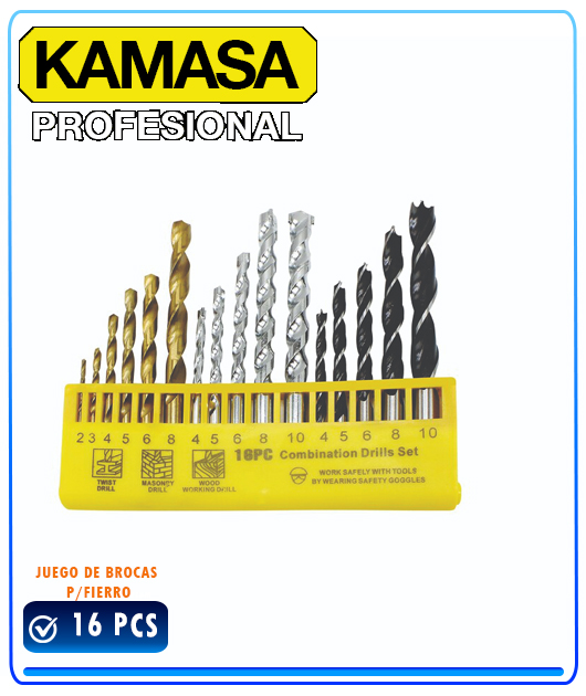 (KM1065) JUEGO BROCAS P/FIERRO Y CONCRETO 16 PCS. KAMASA